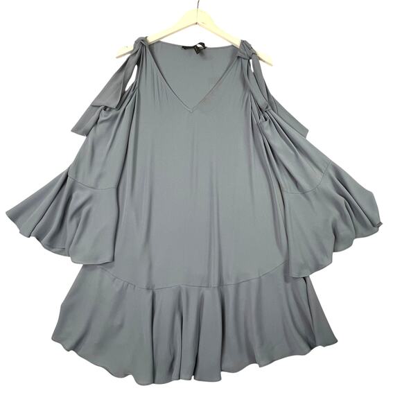 BCBGMaxAzaria Ellyson Mini Dress XXS Blue Chambray Cold Shoulder Swing Baby Doll - Picture 2 of 13